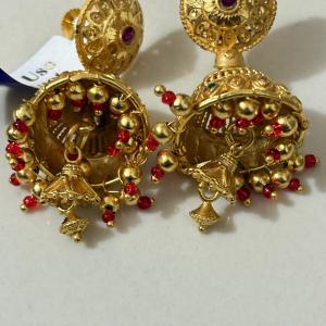 Traditional Gold-Plated Jhumka Earrings for Women | Ethnic Bridal Jhumki with Red Beads